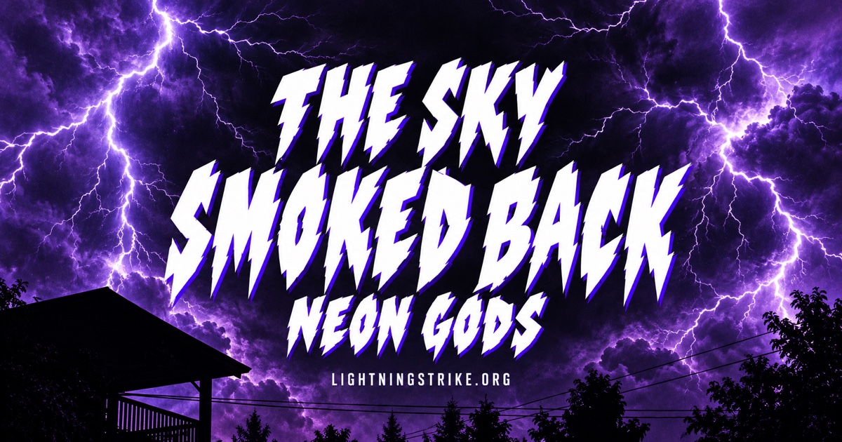 Promotional artwork: white jagged THE SKY SMOKED BACK / NEON GODS lettering under branching purple lightning